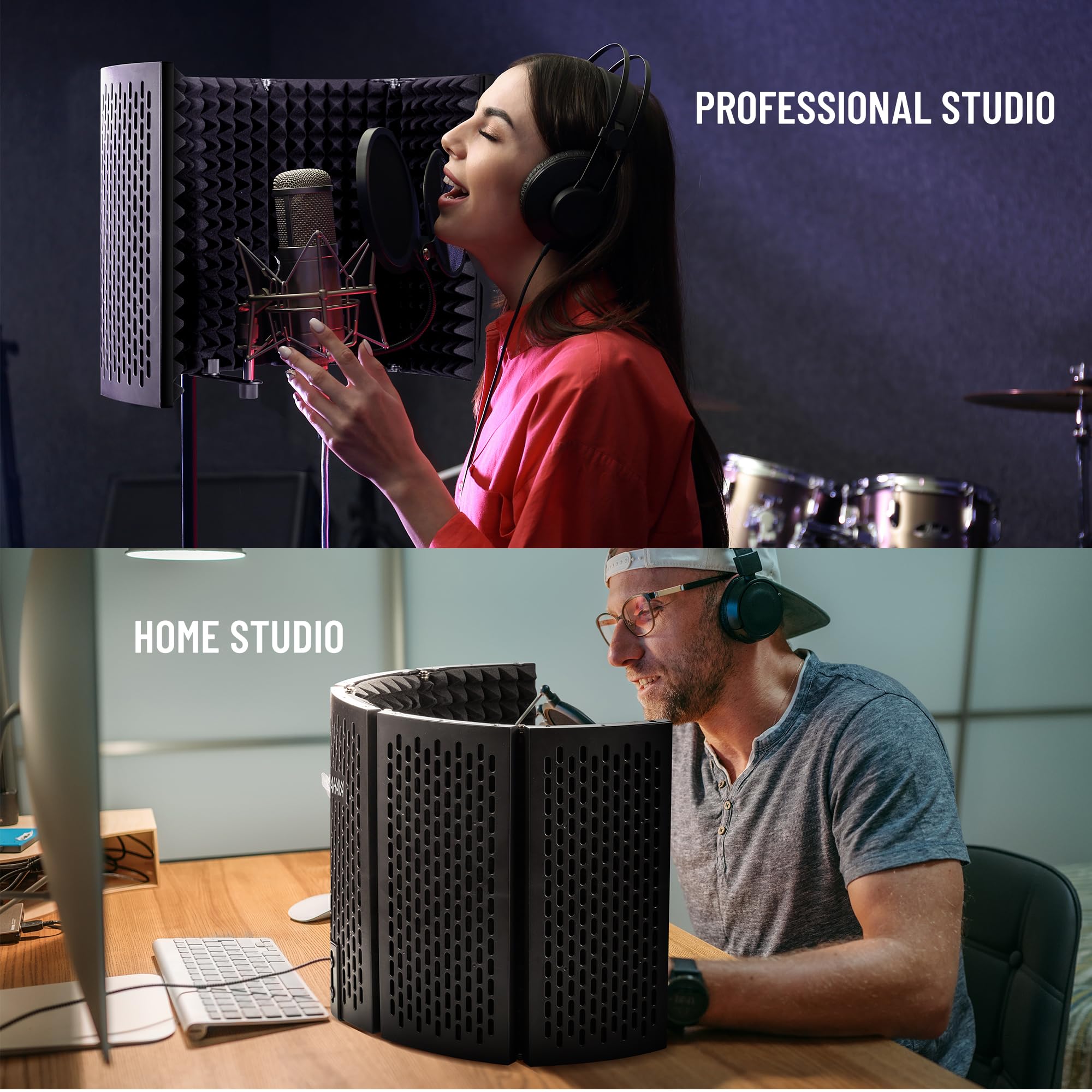 CAHAYA Microphone Isolation Shield Foldable - Mic Shield Recording Studio Sound Absorbing Foam Reflector with 3/8" and 5/8" Mic Adapter Microphone Recording Equipment Black