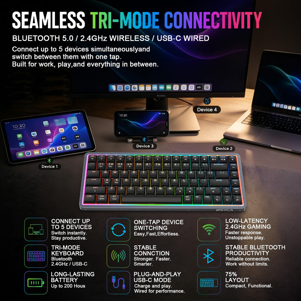 NSYCA Air75 Low Profile Wireless Mechanical Keyboard, 75% Aluminum Frame, Hot Swappable, PBT Keycaps, RGB Backlit, Bluetooth/2.4GHz/USB-C, Gaming Keyboard with Web Driver for Mac Windows