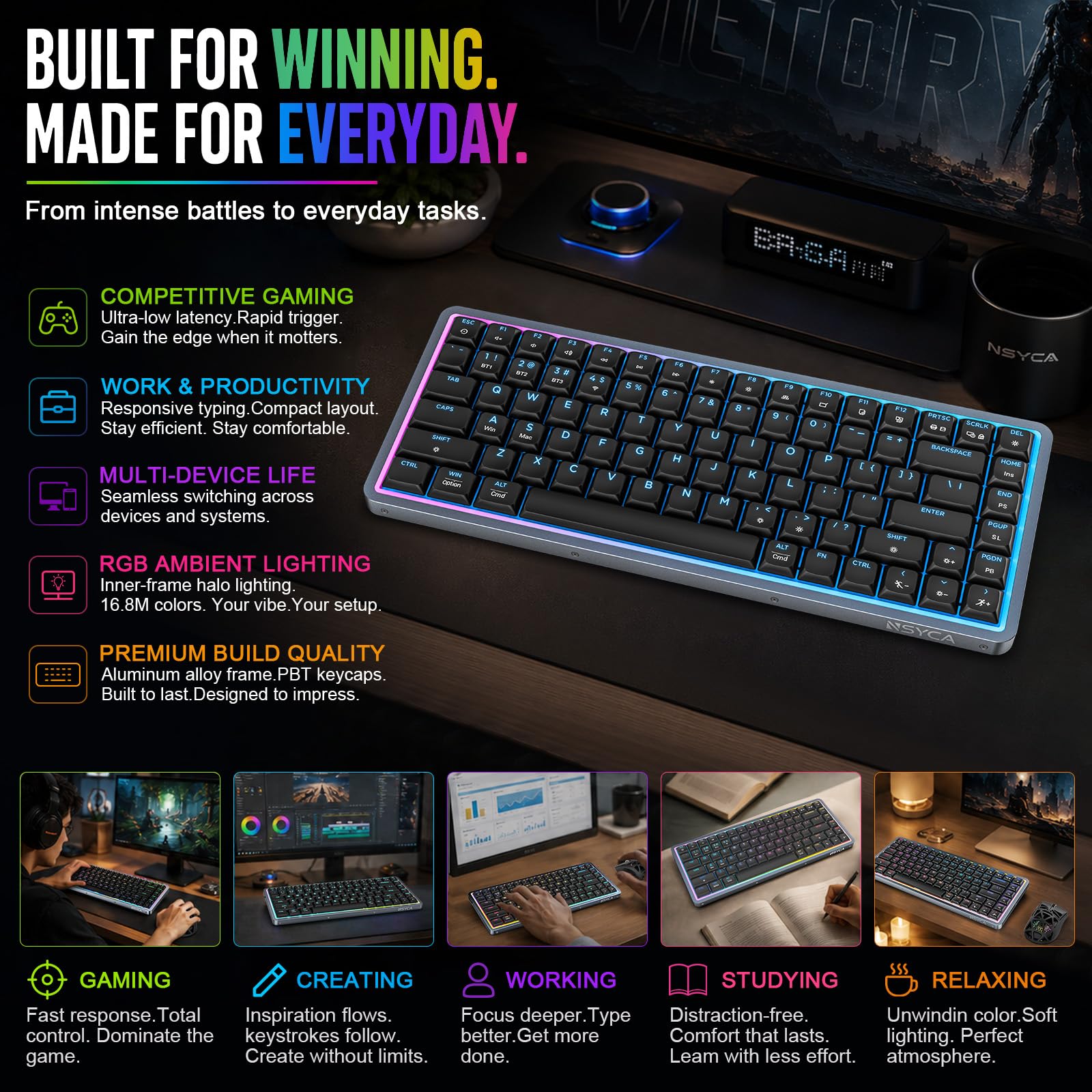 NSYCA Air75 Low Profile Wireless Mechanical Keyboard, 75% Aluminum Frame, Hot Swappable, PBT Keycaps, RGB Backlit, Bluetooth/2.4GHz/USB-C, Gaming Keyboard with Web Driver for Mac Windows