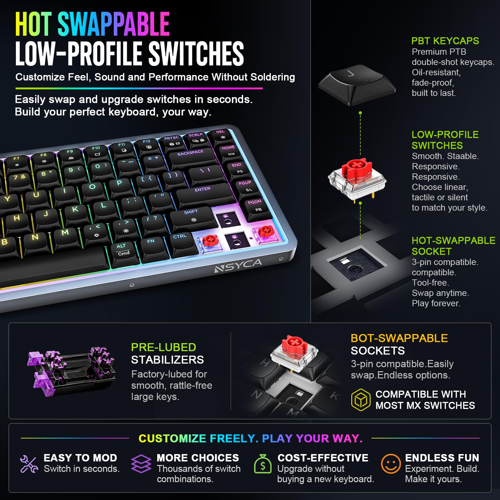 NSYCA Air75 Low Profile Wireless Mechanical Keyboard, 75% Aluminum Frame, Hot Swappable, PBT Keycaps, RGB Backlit, Bluetooth/2.4GHz/USB-C, Gaming Keyboard with Web Driver for Mac Windows