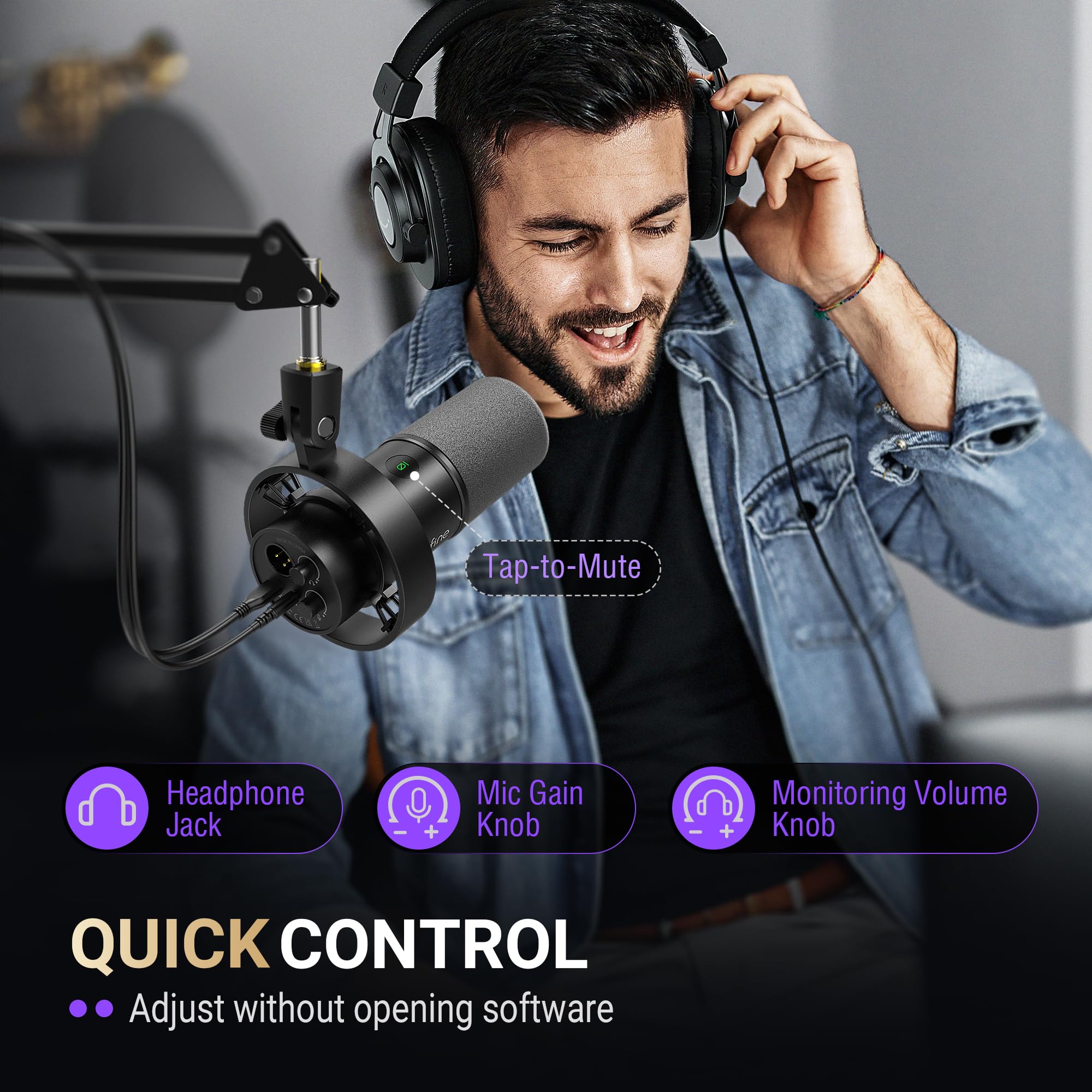 FIFINE K688 Podcast Microphone Kit, USB/XLR Dynamic Microphone with Boom Arm for PC/XLR Mixer, Gaming Mic with Mute Button, Headphone Jack for Vocal, Voice-Over, Streaming, Music Recording -K688CT