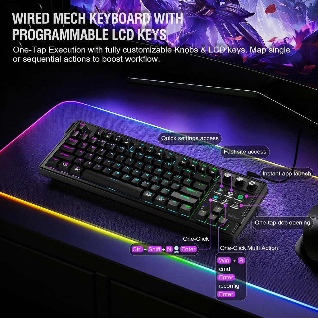 VSDINSIDE K1 Pro Macro Keyboard, Wired Only Full-Key Programmable On-Board Keypad, Custom Gaming Streaming Mechanical Keyboards with Screen & Knob, Gasket, RGB Backlit, Hot Swappable Shortcut Pad