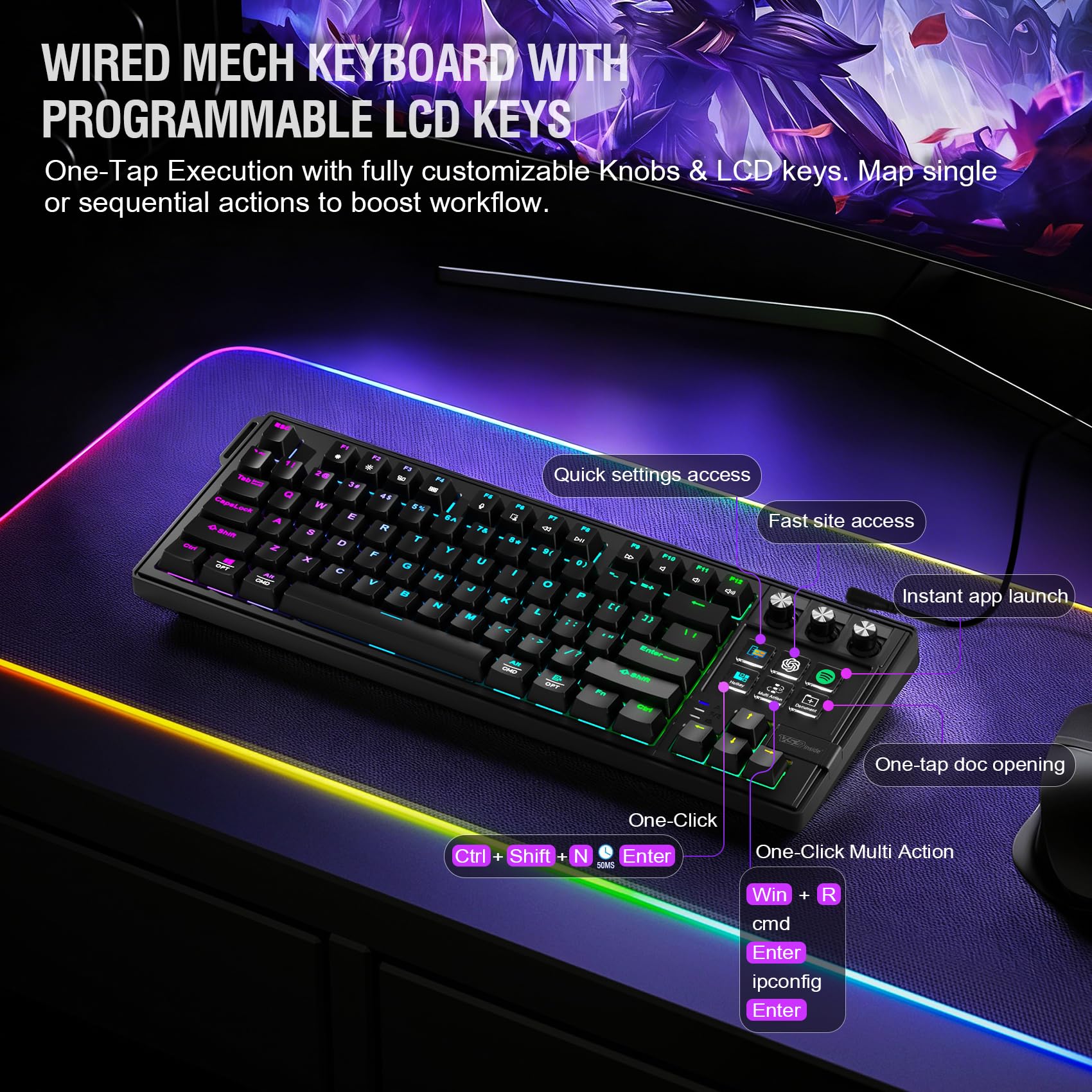 VSDINSIDE K1 Pro Macro Keyboard, Wired Only Full-Key Programmable On-Board Keypad, Custom Gaming Streaming Mechanical Keyboards with Screen & Knob, Gasket, RGB Backlit, Hot Swappable Shortcut Pad