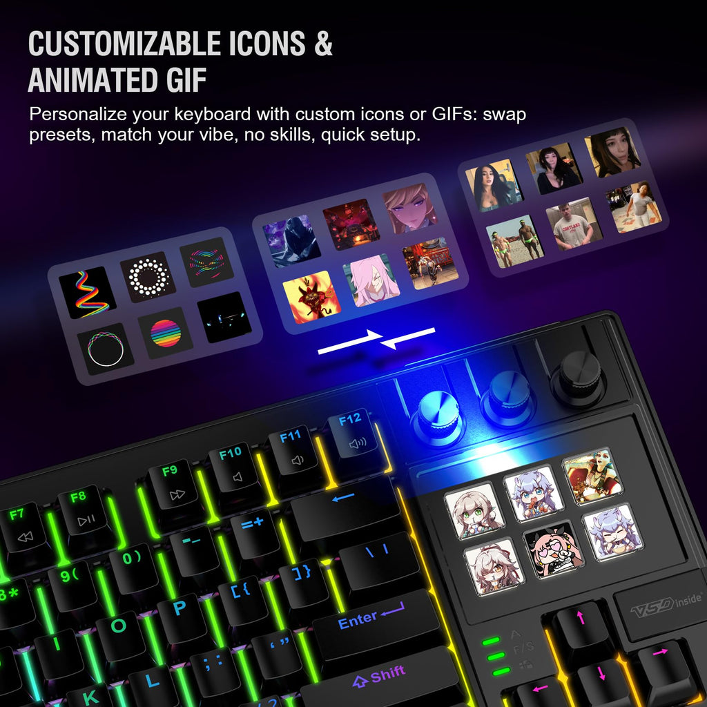 VSDINSIDE K1 Pro Macro Keyboard, Wired Only Full-Key Programmable On-Board Keypad, Custom Gaming Streaming Mechanical Keyboards with Screen & Knob, Gasket, RGB Backlit, Hot Swappable Shortcut Pad