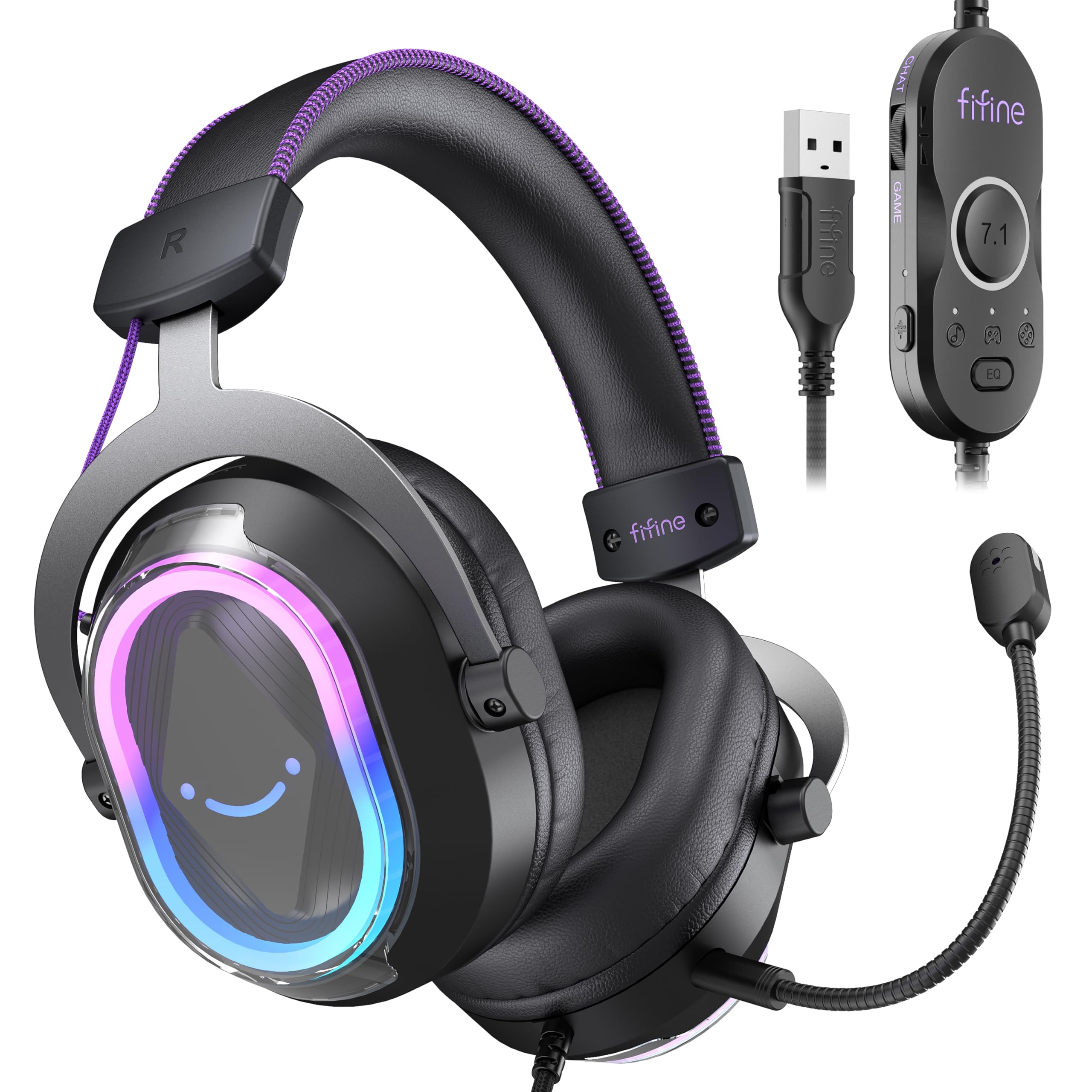 FIFINE Wired Gaming Headset: 7.1 Surround Sound - Vibrant RGB Lighting - NC Mic - Ergonomic Ear Pads - Control Box, Streaming USB Headset for PC, PS5/PS4, Laptop, Mac - AmpliGame H13BP (Black&Purple)