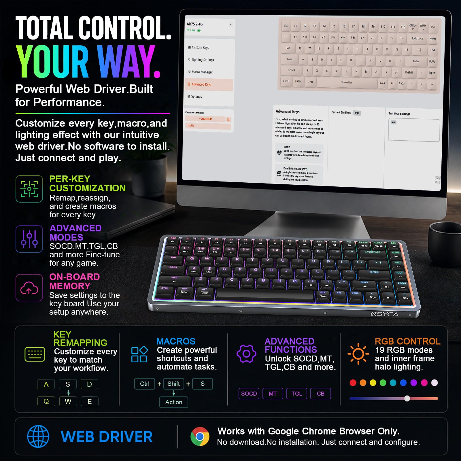 NSYCA Air75 Low Profile Wireless Mechanical Keyboard, 75% Aluminum Frame, Hot Swappable, PBT Keycaps, RGB Backlit, Bluetooth/2.4GHz/USB-C, Gaming Keyboard with Web Driver for Mac Windows