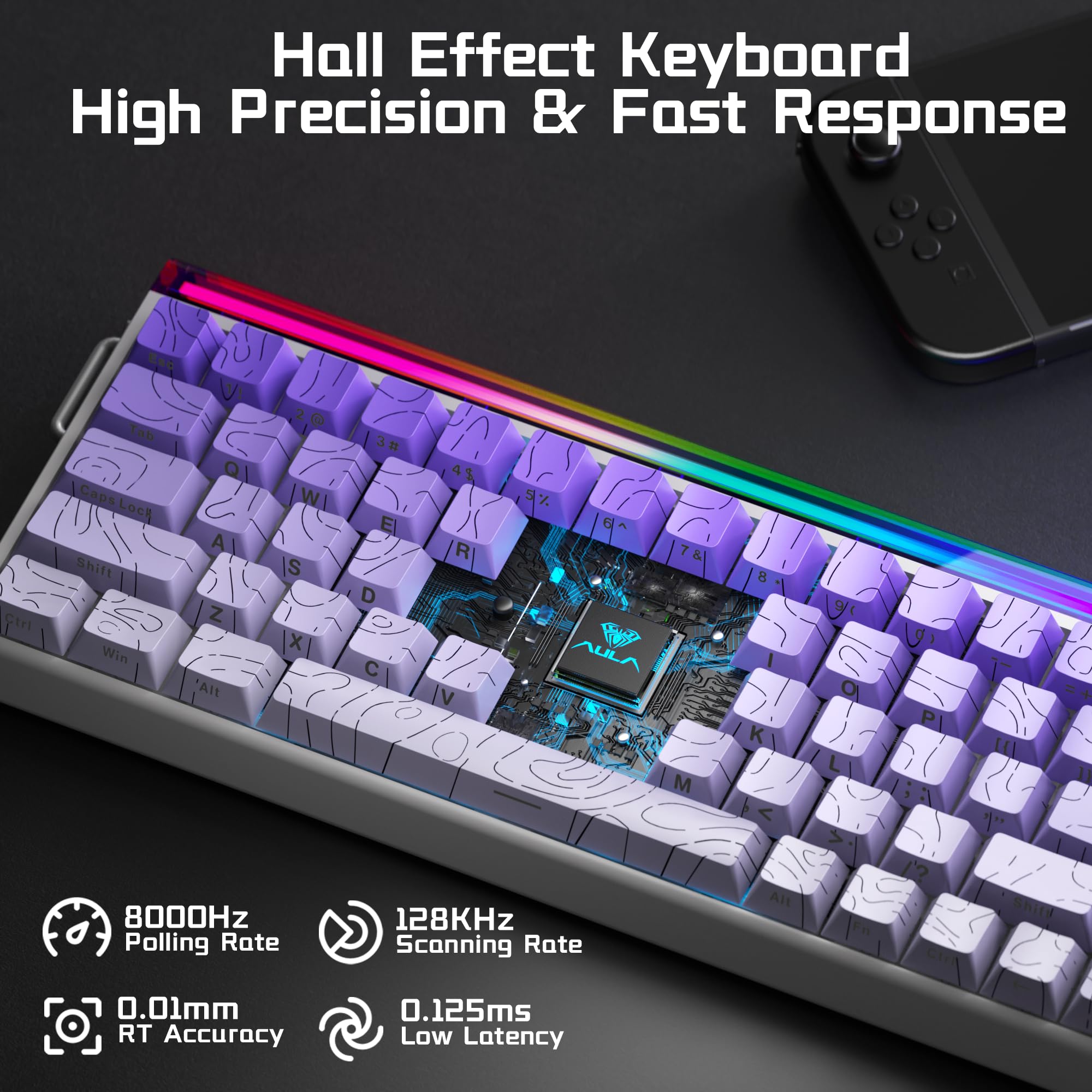 AULA HERO 68 HE Wired Gaming Keyboard, Hall Effect Keyboard with Magnetic Switch, Rapid Trigger Mode, 8KHz Polling Rate,Side Printed PBT Keycaps, RGB Lightbox&Backlit, 65% Small Keyboards for Gamer/PC