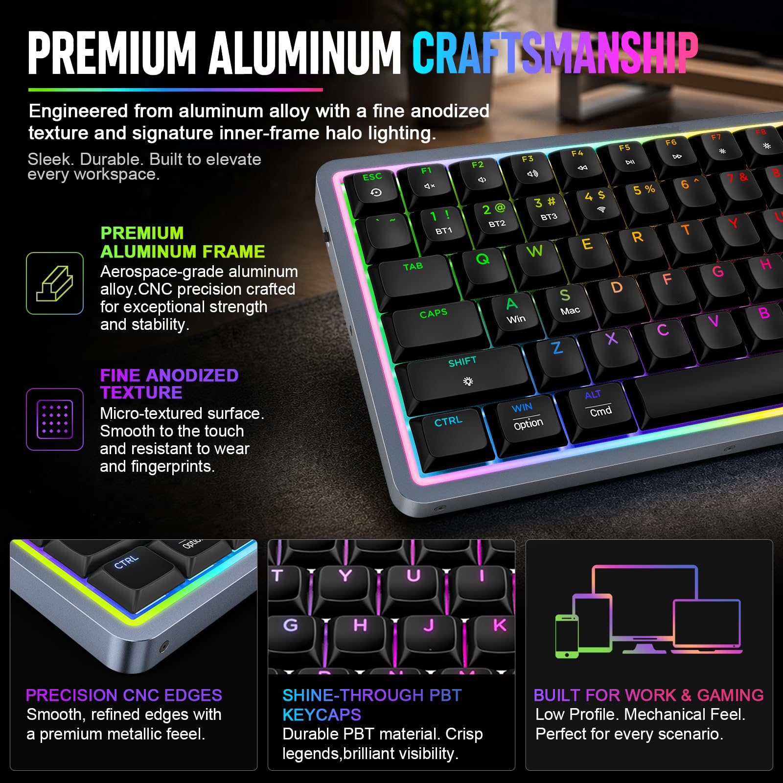 NSYCA Air75 Low Profile Wireless Mechanical Keyboard, 75% Aluminum Frame, Hot Swappable, PBT Keycaps, RGB Backlit, Bluetooth/2.4GHz/USB-C, Gaming Keyboard with Web Driver for Mac Windows