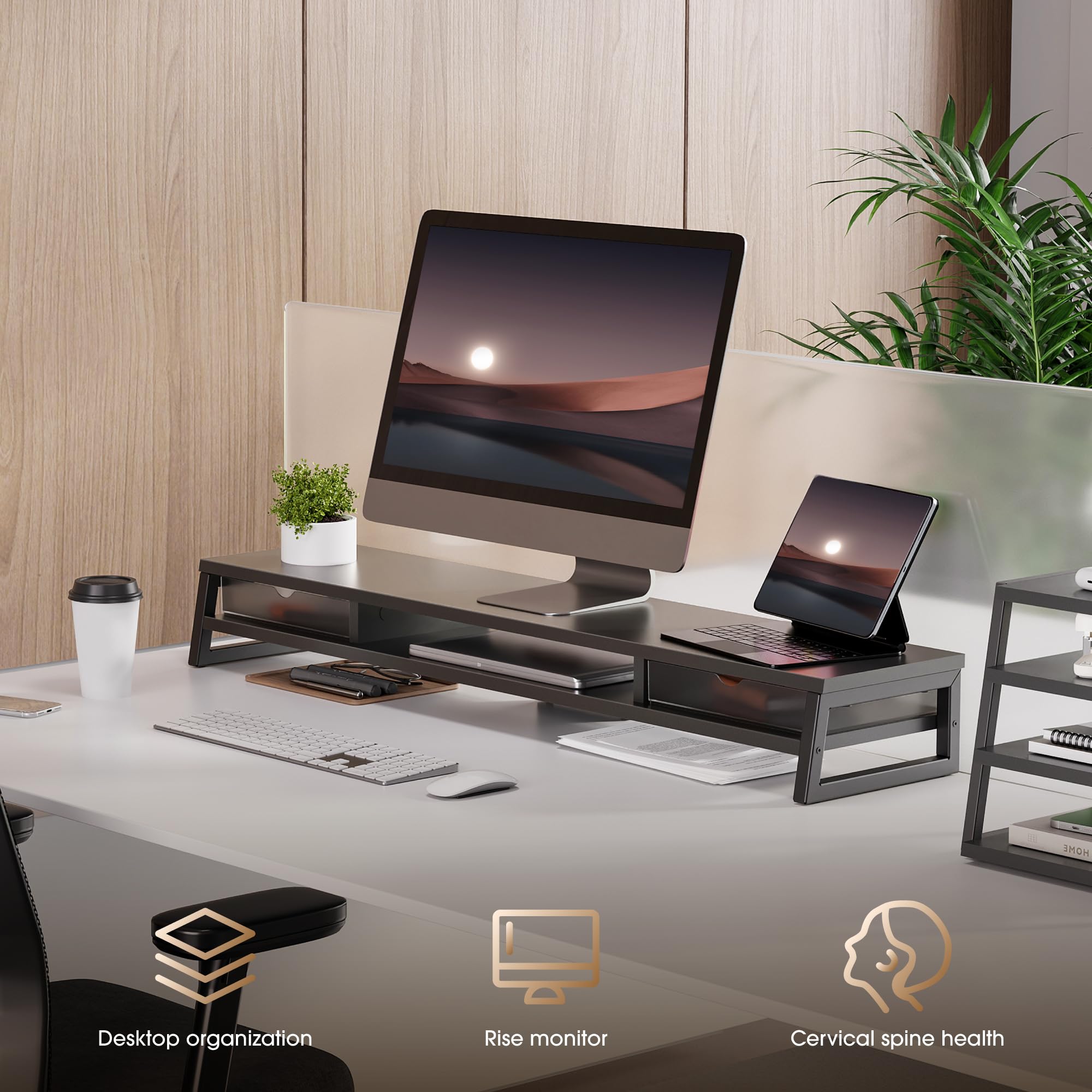 Fenge 42.5-Inch Dual Monitor Riser with Storage Drawers