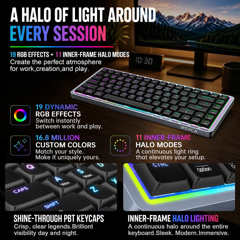 NSYCA Air75 Low Profile Wireless Mechanical Keyboard, 75% Aluminum Frame, Hot Swappable, PBT Keycaps, RGB Backlit, Bluetooth/2.4GHz/USB-C, Gaming Keyboard with Web Driver for Mac Windows