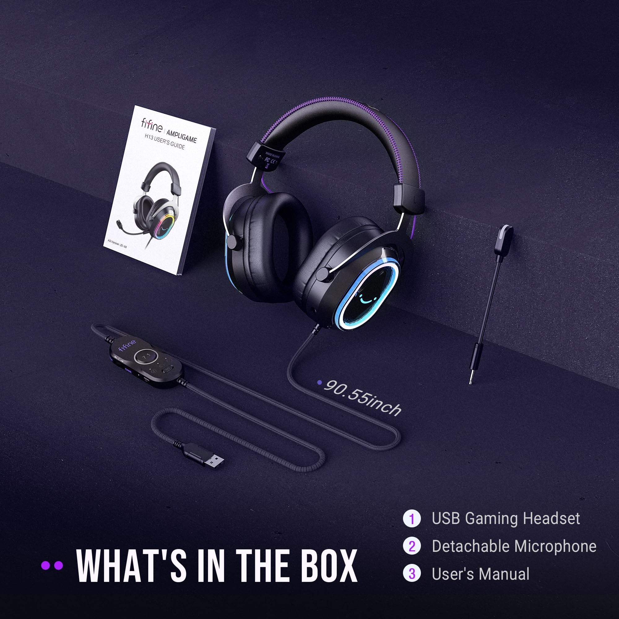 FIFINE Wired Gaming Headset: 7.1 Surround Sound - Vibrant RGB Lighting - NC Mic - Ergonomic Ear Pads - Control Box, Streaming USB Headset for PC, PS5/PS4, Laptop, Mac - AmpliGame H13BP (Black&Purple)