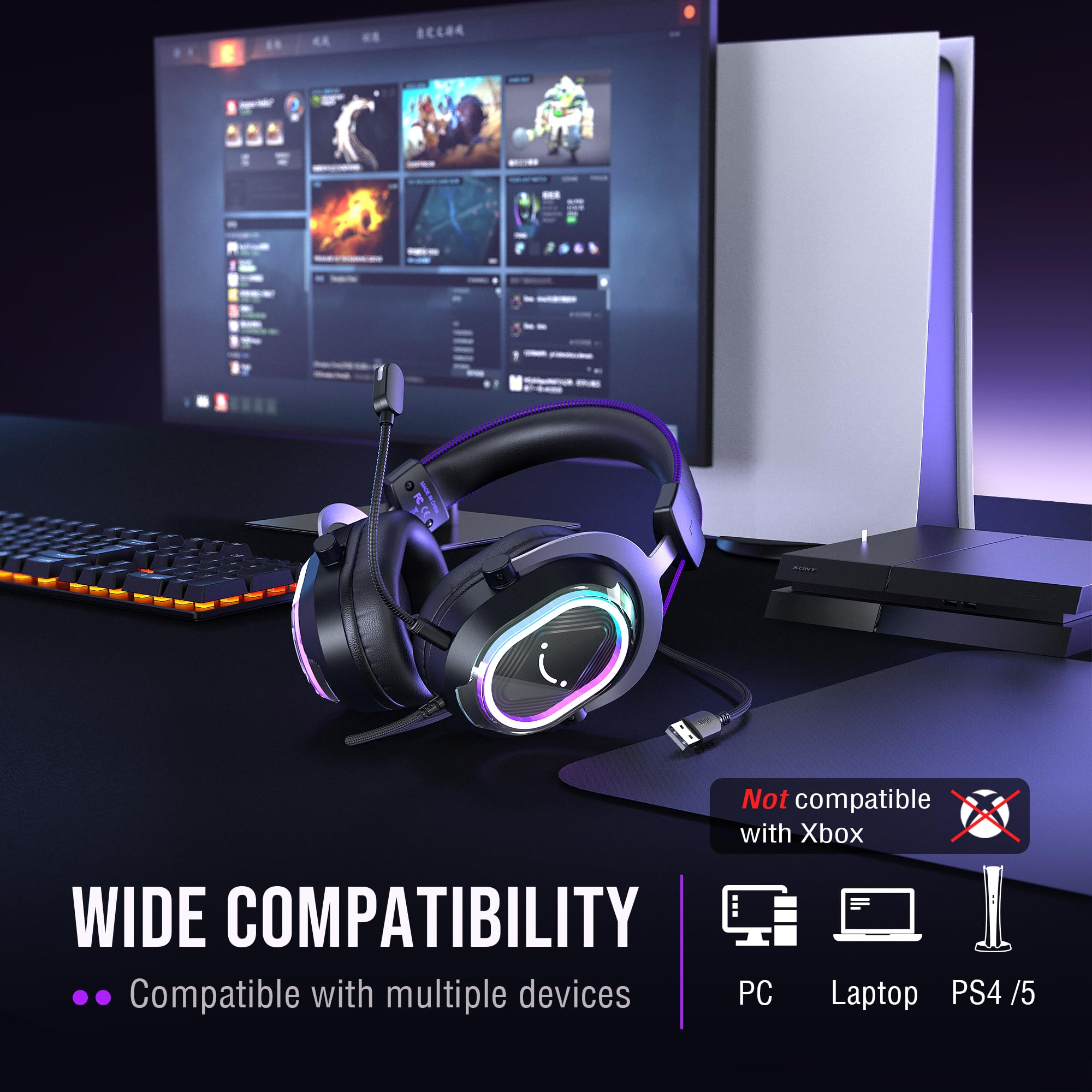 FIFINE Wired Gaming Headset: 7.1 Surround Sound - Vibrant RGB Lighting - NC Mic - Ergonomic Ear Pads - Control Box, Streaming USB Headset for PC, PS5/PS4, Laptop, Mac - AmpliGame H13BP (Black&Purple)