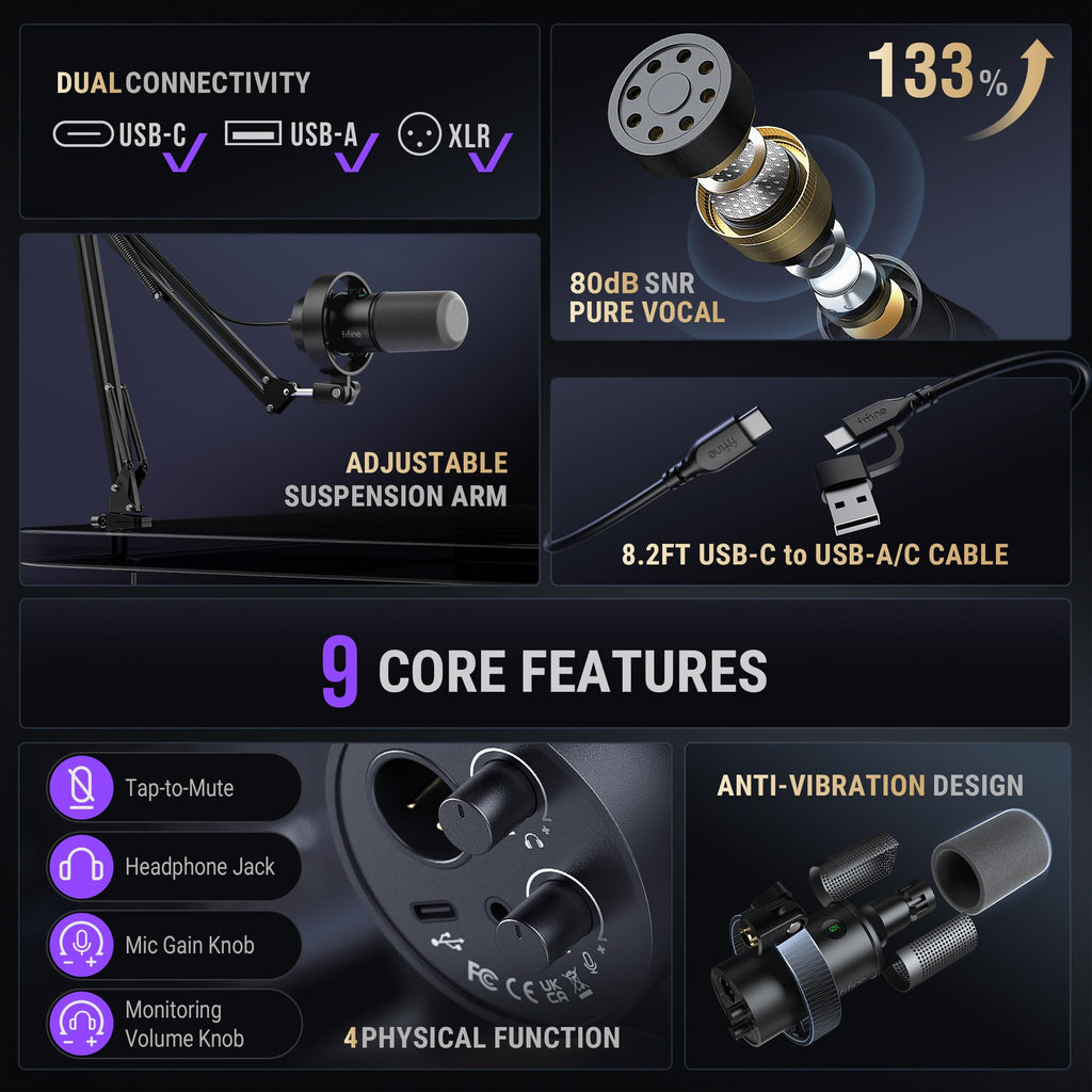 FIFINE K688 Podcast Microphone Kit, USB/XLR Dynamic Microphone with Boom Arm for PC/XLR Mixer, Gaming Mic with Mute Button, Headphone Jack for Vocal, Voice-Over, Streaming, Music Recording -K688CT