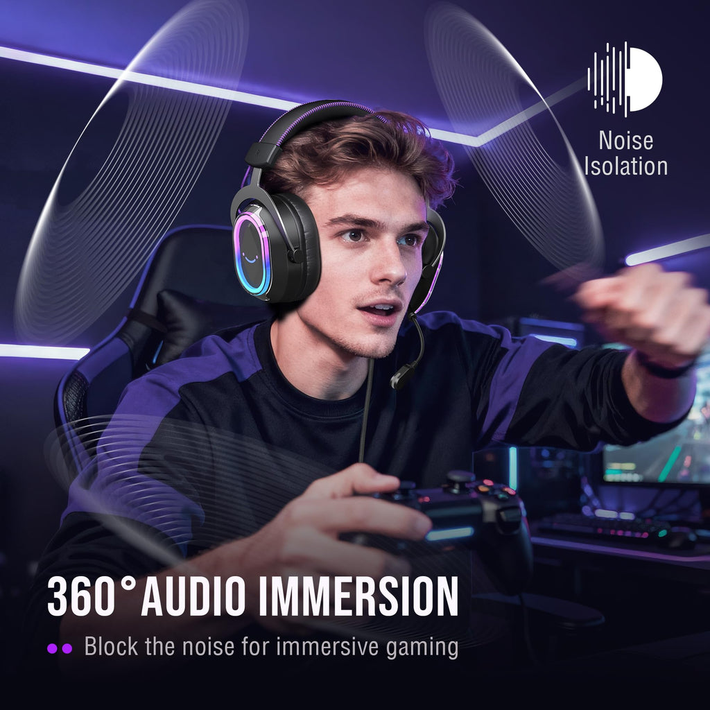 FIFINE Wired Gaming Headset: 7.1 Surround Sound - Vibrant RGB Lighting - NC Mic - Ergonomic Ear Pads - Control Box, Streaming USB Headset for PC, PS5/PS4, Laptop, Mac - AmpliGame H13BP (Black&Purple)