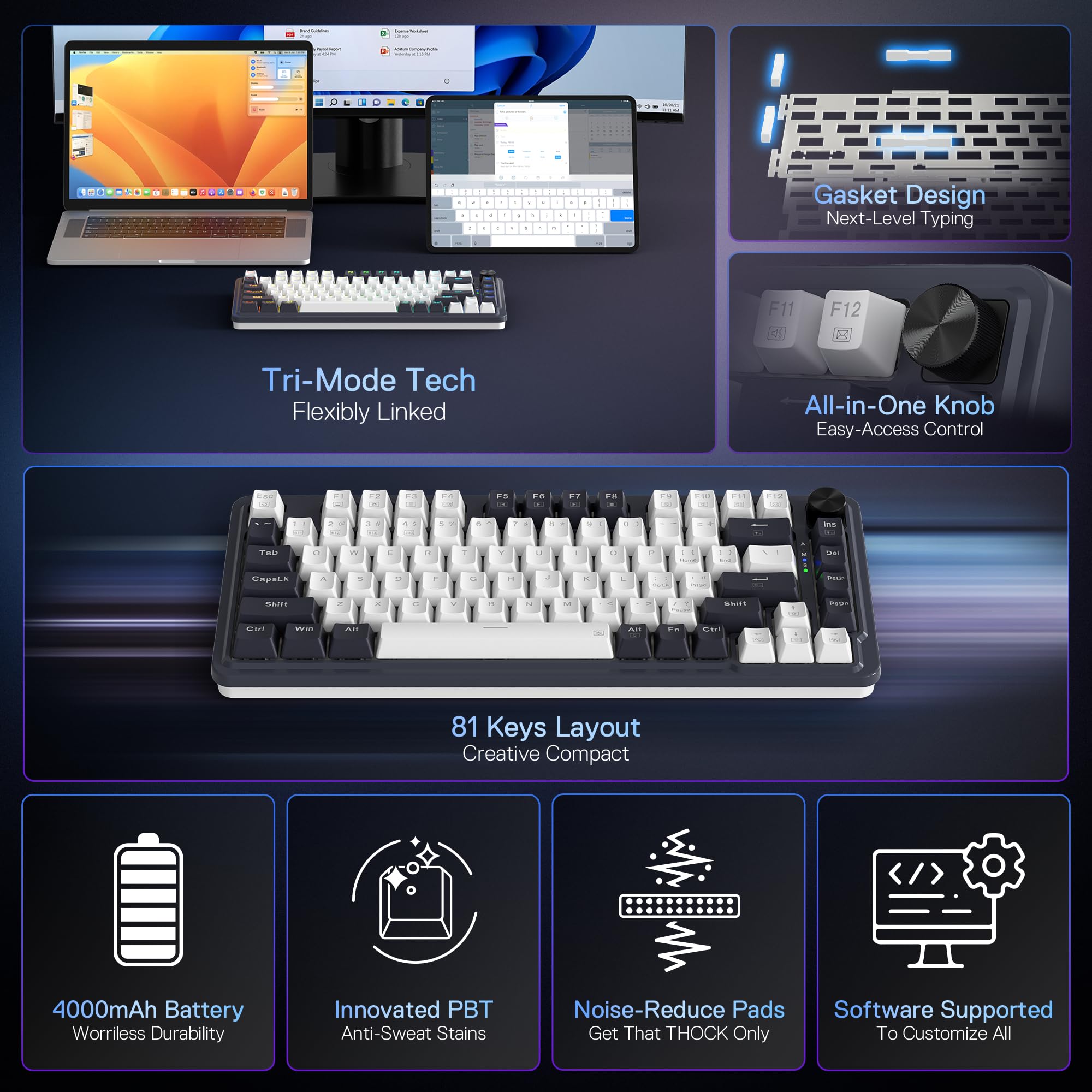 Redragon K673 PRO 75% Wireless Gasket RGB Gaming Keyboard, 81 Keys Compact Mechanical Keyboard Hot-Swap Socket, Dedicated Knob Control