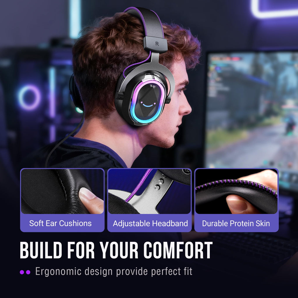 FIFINE Wired Gaming Headset: 7.1 Surround Sound - Vibrant RGB Lighting - NC Mic - Ergonomic Ear Pads - Control Box, Streaming USB Headset for PC, PS5/PS4, Laptop, Mac - AmpliGame H13BP (Black&Purple)