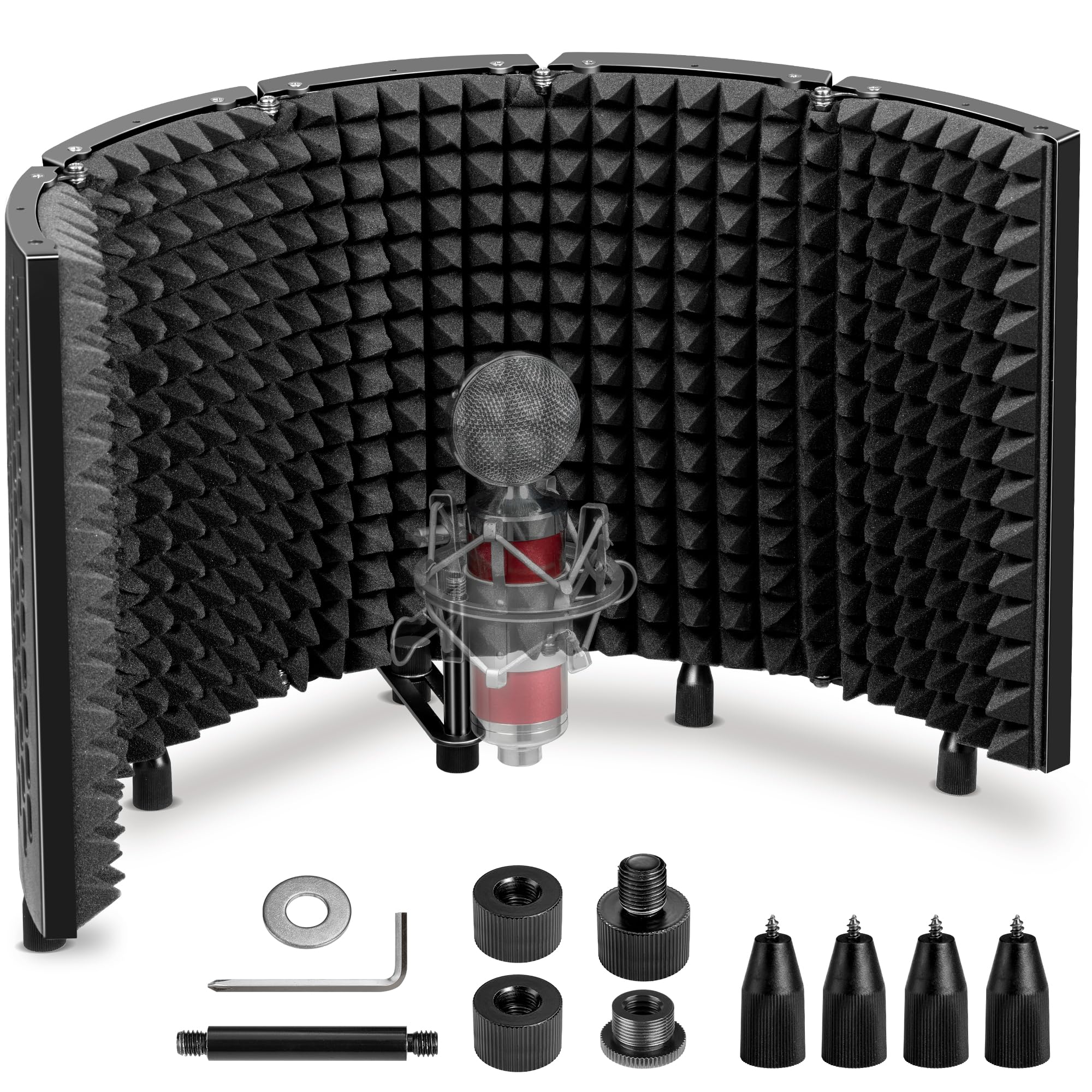 CAHAYA Microphone Isolation Shield Foldable - Mic Shield Recording Studio Sound Absorbing Foam Reflector with 3/8" and 5/8" Mic Adapter Microphone Recording Equipment Black